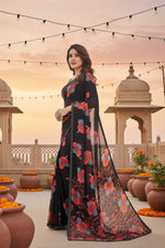 Load image into Gallery viewer, Women's Georgette Printed Saree With Unstitched Blouse 5.5Mtr (Black)
