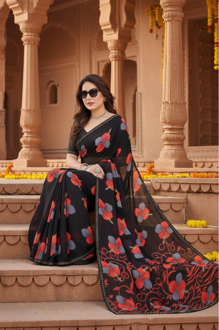 Women's Georgette Printed Saree With Unstitched Blouse 5.5Mtr (Black)