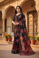 Load image into Gallery viewer, Women's Georgette Printed Saree With Unstitched Blouse 5.5Mtr (Black)
