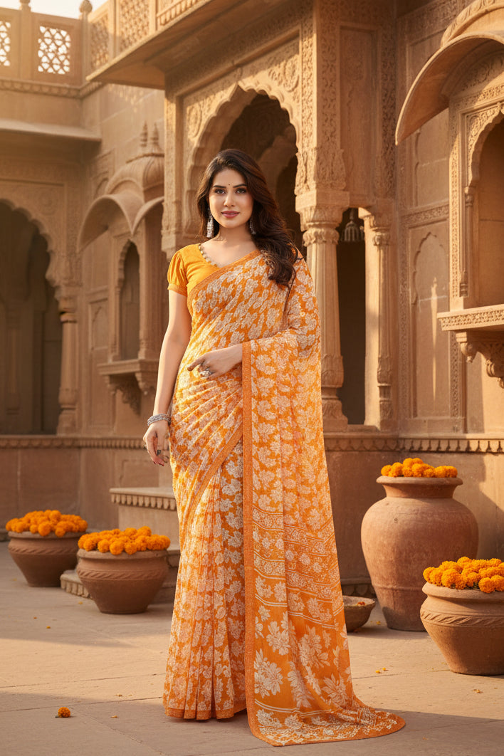 Women's georgette printed saree with unstitched blouse 5