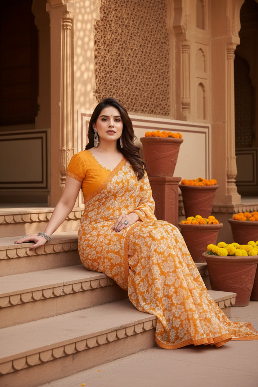 Women's Georgette Printed Saree With Unstitched Blouse 5.5Mtr (Yellow)