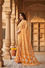 Load image into Gallery viewer, Women's Georgette Printed Saree With Unstitched Blouse 5.5Mtr (Yellow)
