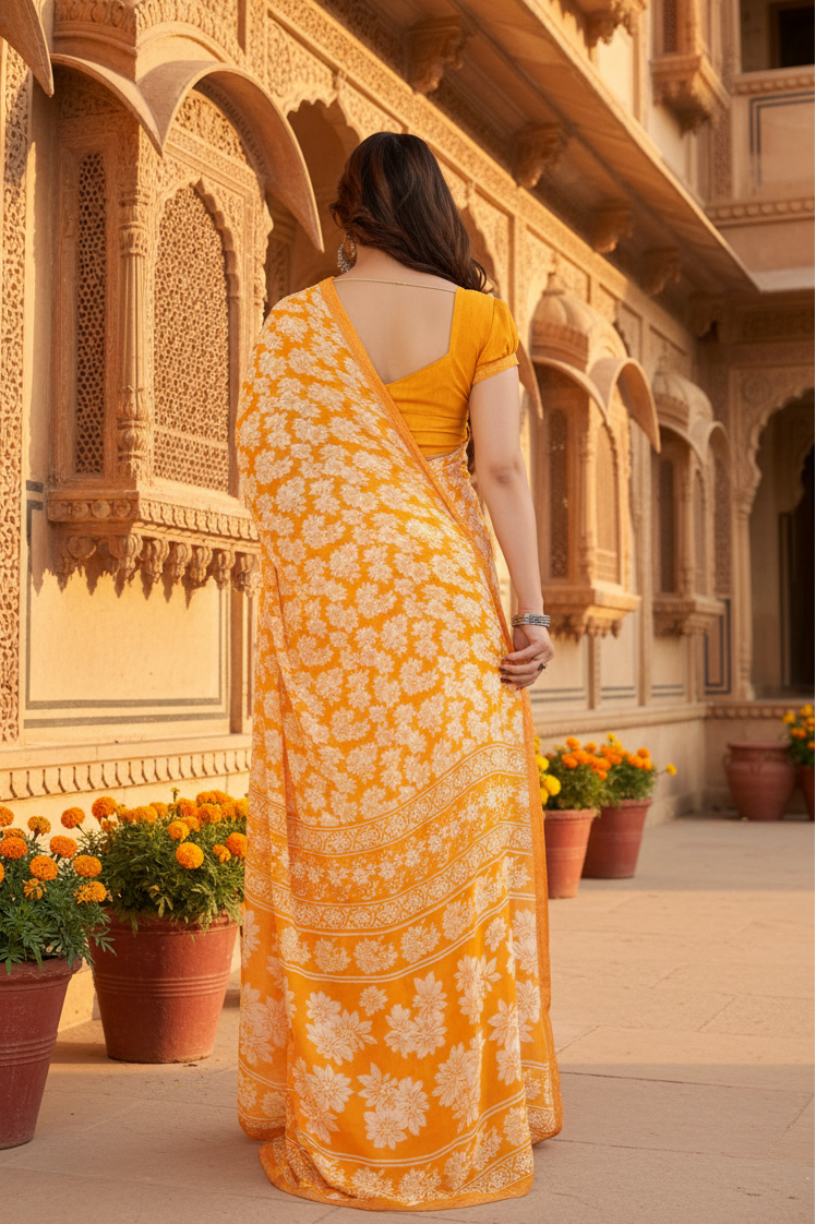 Women's Georgette Printed Saree With Unstitched Blouse 5.5Mtr (Yellow)