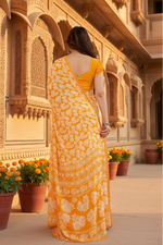 Load image into Gallery viewer, Women's Georgette Printed Saree With Unstitched Blouse 5.5Mtr (Yellow)
