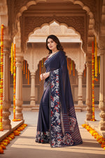 Load image into Gallery viewer, Women's Georgette Printed Saree With Unstitched Blouse 5.5Mtr (Navy Blue)
