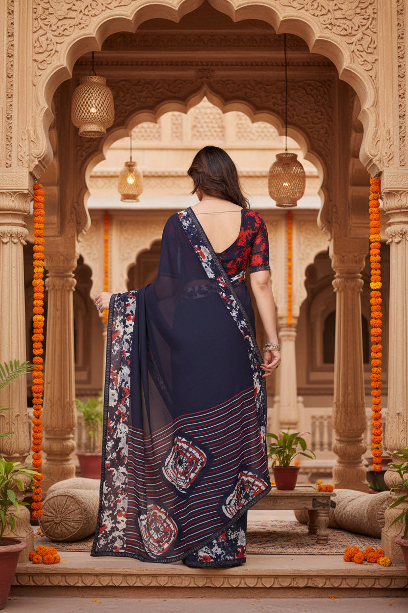Women's Georgette Printed Saree With Unstitched Blouse 5.5Mtr (Navy Blue)