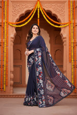 Load image into Gallery viewer, Women's Georgette Printed Saree With Unstitched Blouse 5.5Mtr (Navy Blue)
