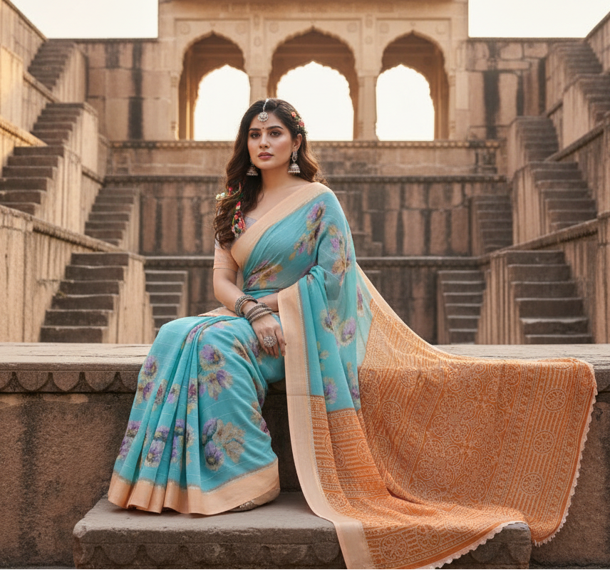 Women's Georgette Printed Saree With Unstitched Blouse 5.5Mtr (Light Blue)