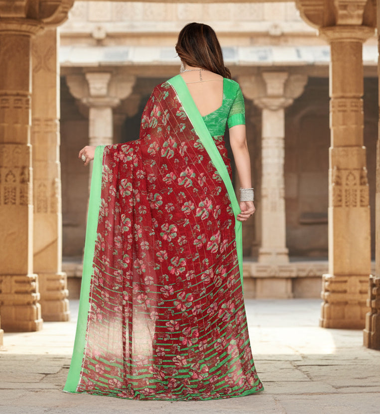 Women's Georgette Printed Saree With Unstitched Blouse 5.5Mtr (Red)