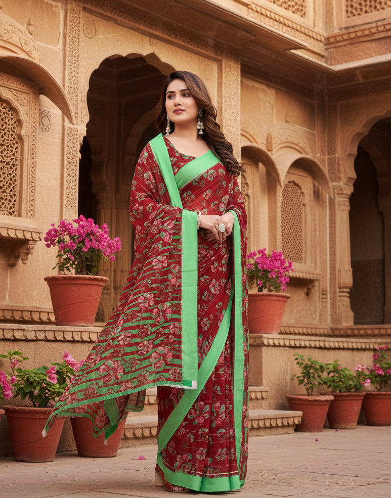 Women's Georgette Printed Saree With Unstitched Blouse 5.5Mtr (Red)