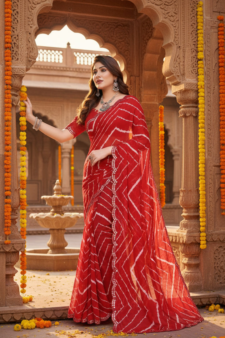 Women's Georgette Printed Saree With Unstitched Blouse 5.5Mtr (Red)