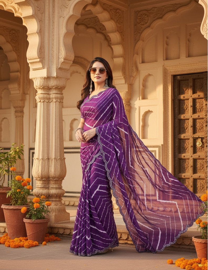 Women's Georgette Printed Saree With Unstitched Blouse 5.5Mtr (Purple)