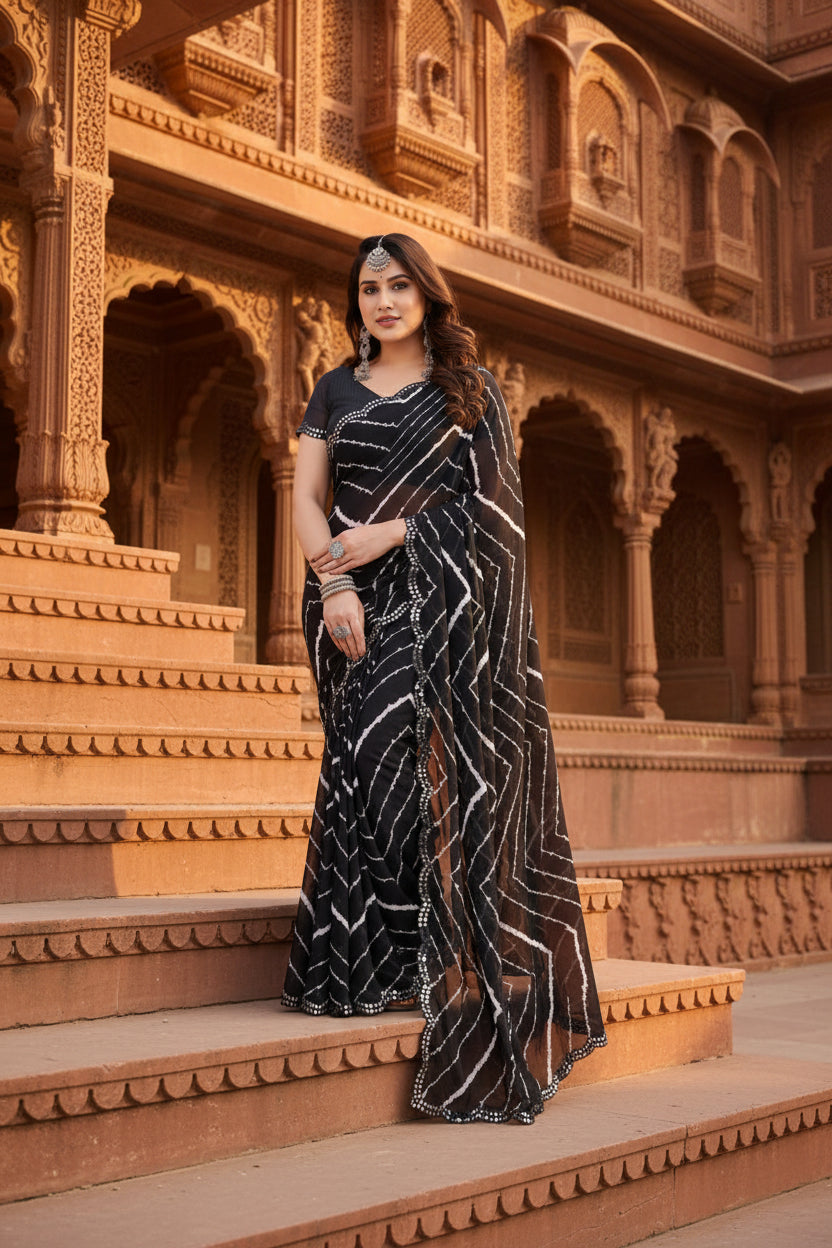 Women's Georgette Printed Saree With Unstitched Blouse 5.5Mtr (Black)