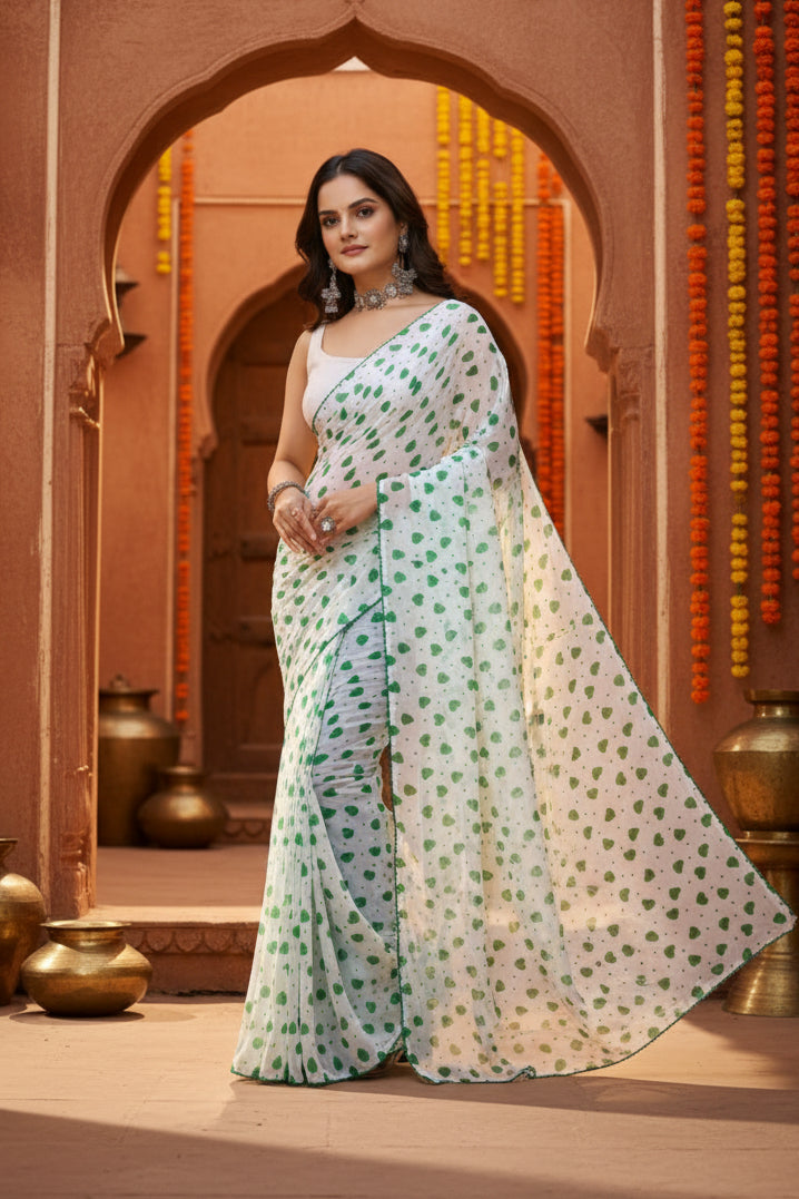Women's Georgette Printed Saree With Unstitched Blouse 5.5Mtr (White-Green)