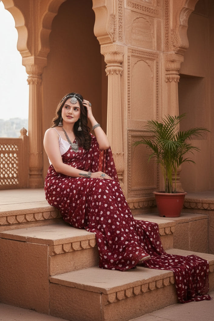 Georgette printed maroon saree kashvii