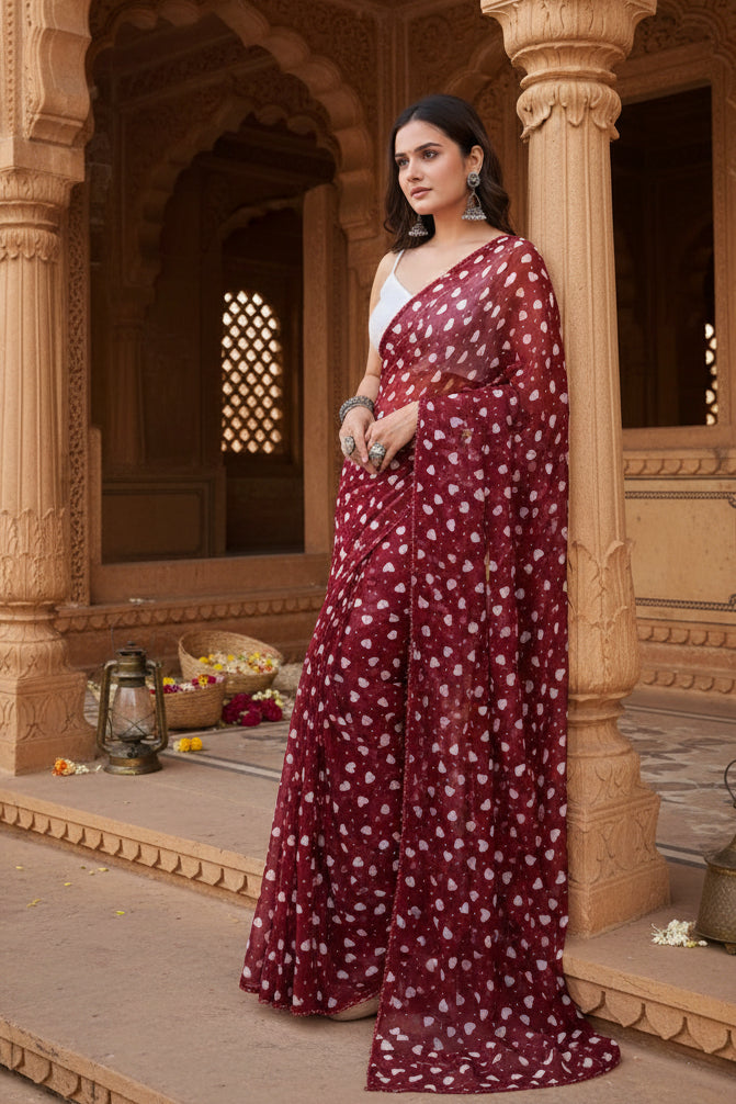 Georgette Printed Maroon Saree Kashvii