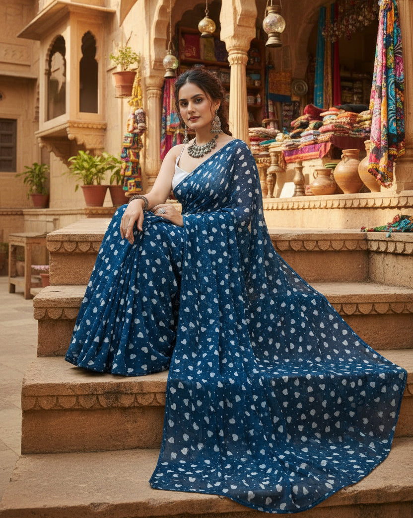 Georgette printed blue saree kashvii