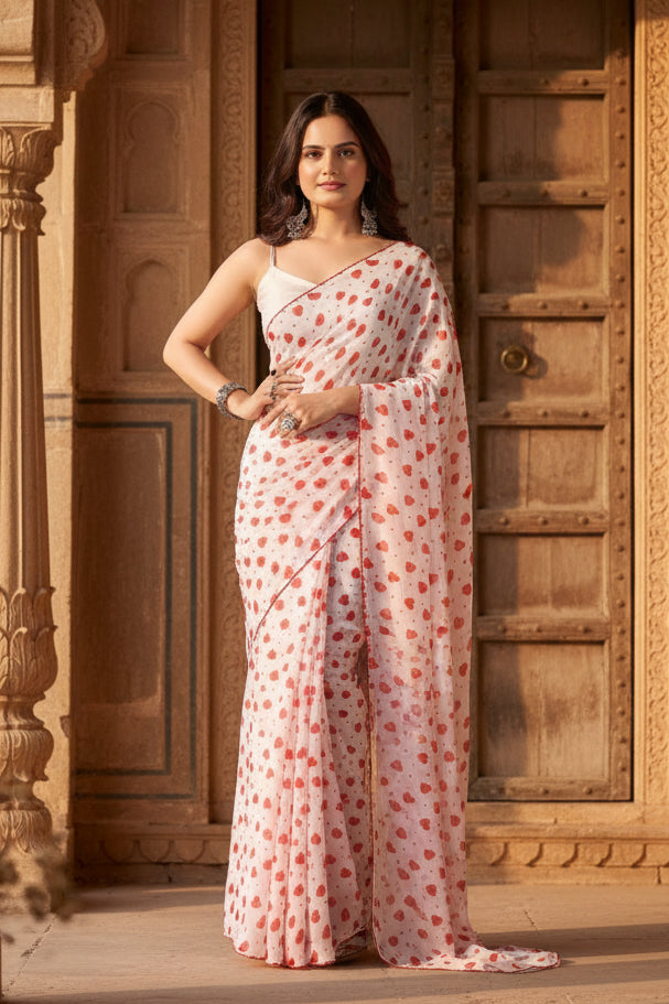Georgette printed white red saree kashvii
