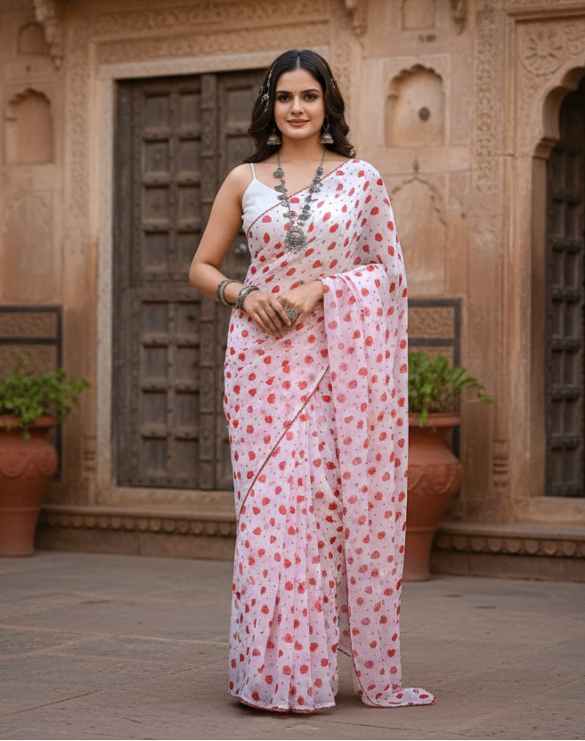 Georgette printed white red saree kashvii