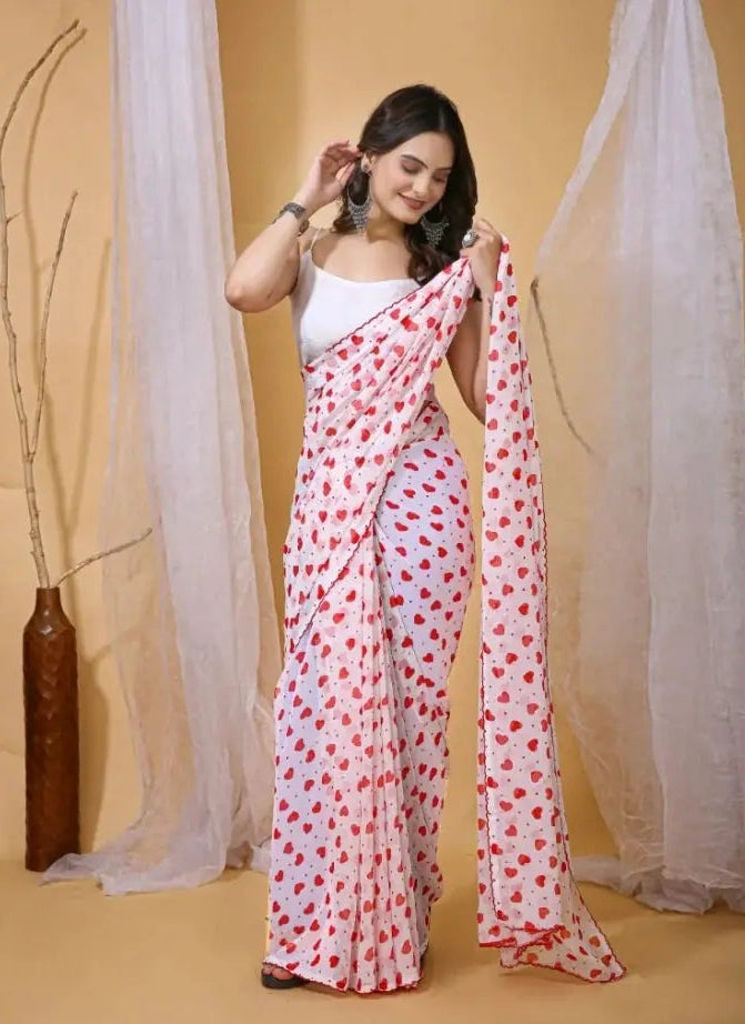 Georgette Printed White-Red Saree Kashvii