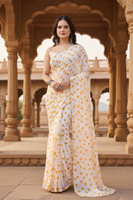 Load image into Gallery viewer, Georgette Printed White-Yellow Saree Kashvii
