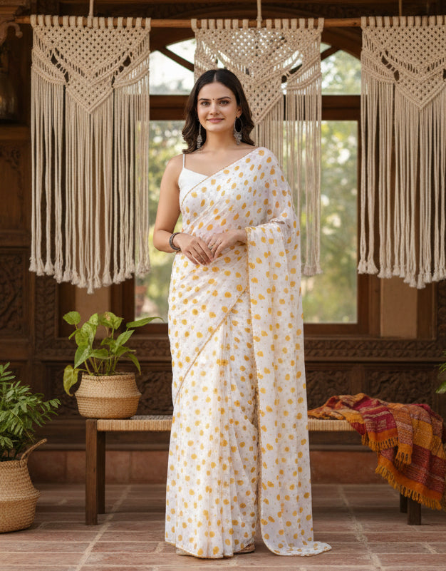 Georgette printed white yellow saree kashvii
