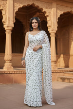 Load image into Gallery viewer, Georgette Printed White-Grey Saree Kashvii
