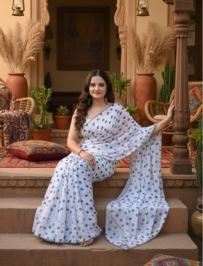 Georgette printed white blue saree kashvii