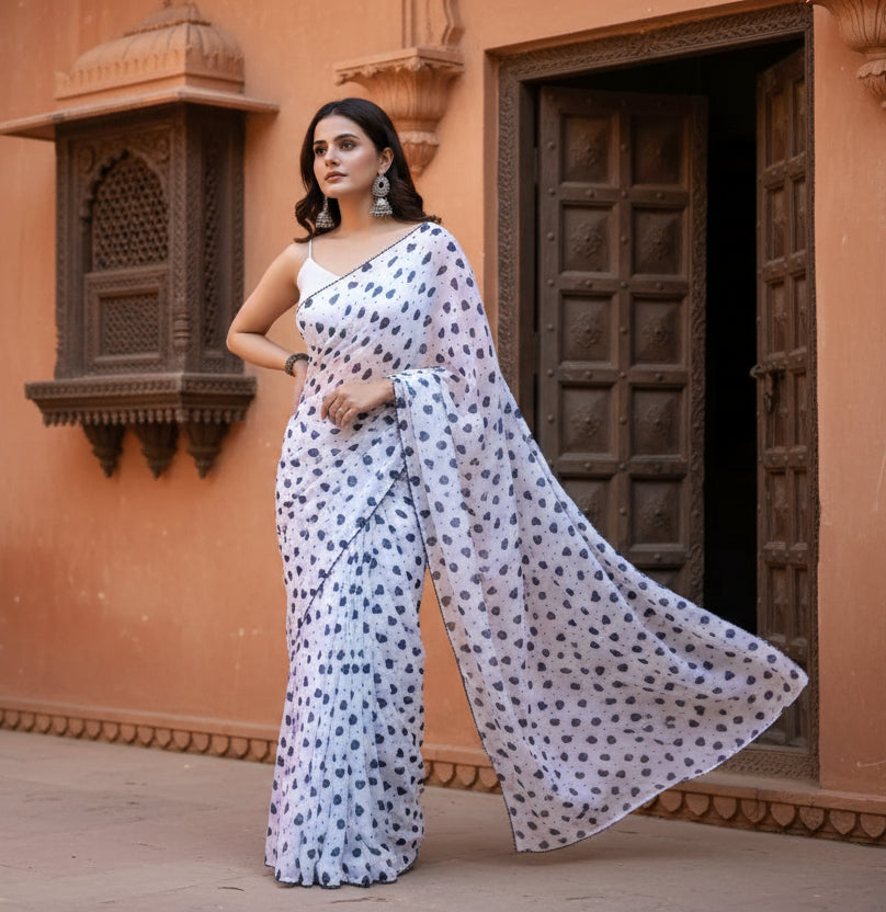 Georgette Printed White-Blue Saree Kashvii