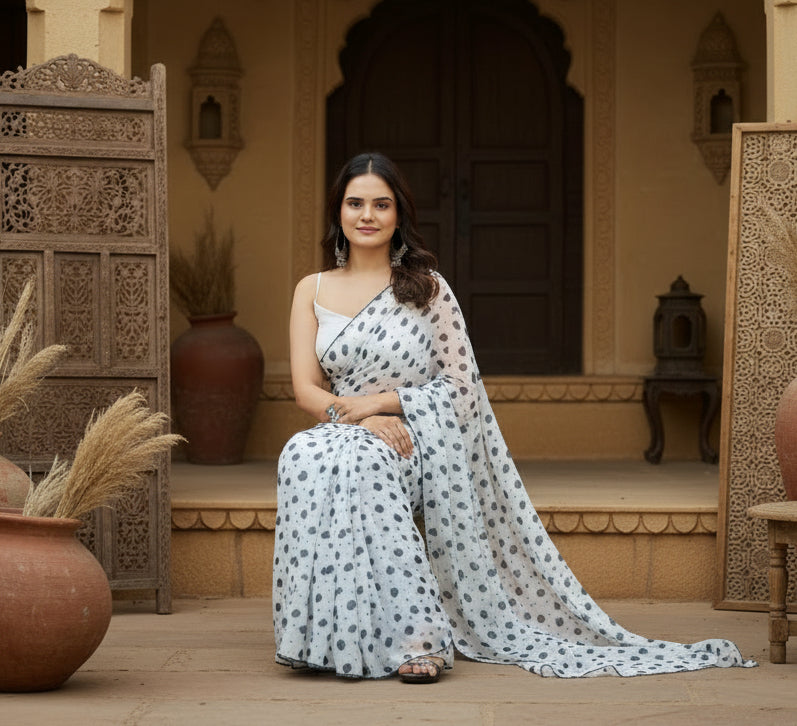 Georgette printed white saree kashvii