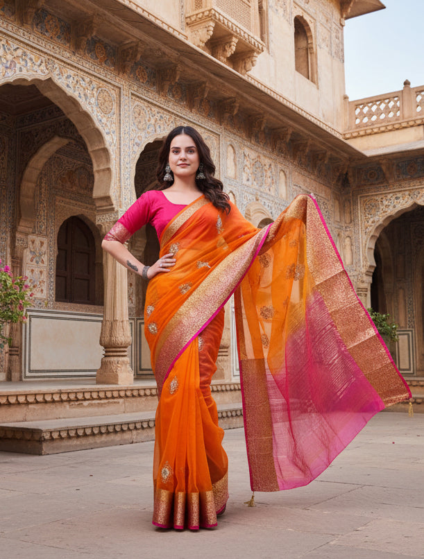 Women's Organza jacquard Embellished Saree With Unstitched Blouse 5.5Mtr (Orange) Kashvii