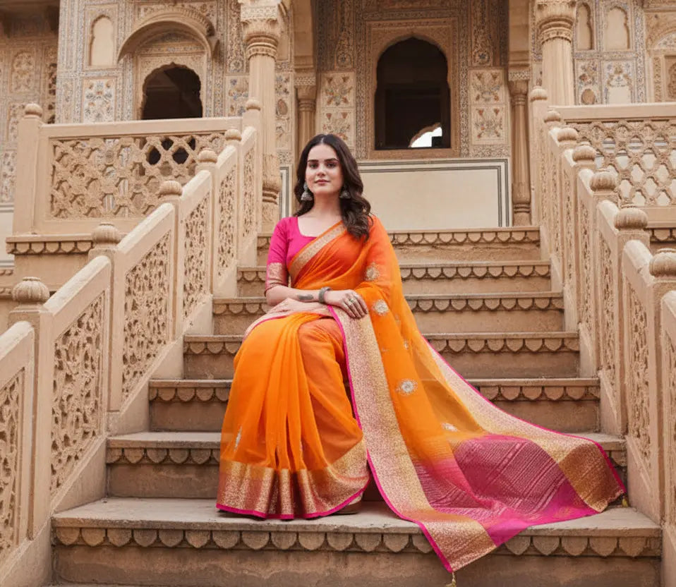 Women's Organza jacquard Embellished Saree With Unstitched Blouse 5.5Mtr (Orange) Kashvii