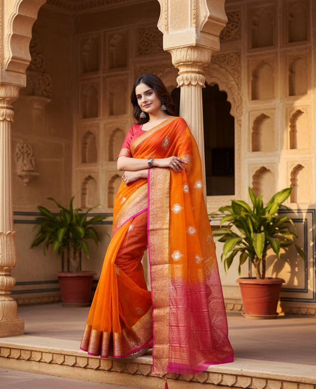 Women's Organza jacquard Embellished Saree With Unstitched Blouse 5.5Mtr (Orange) Kashvii