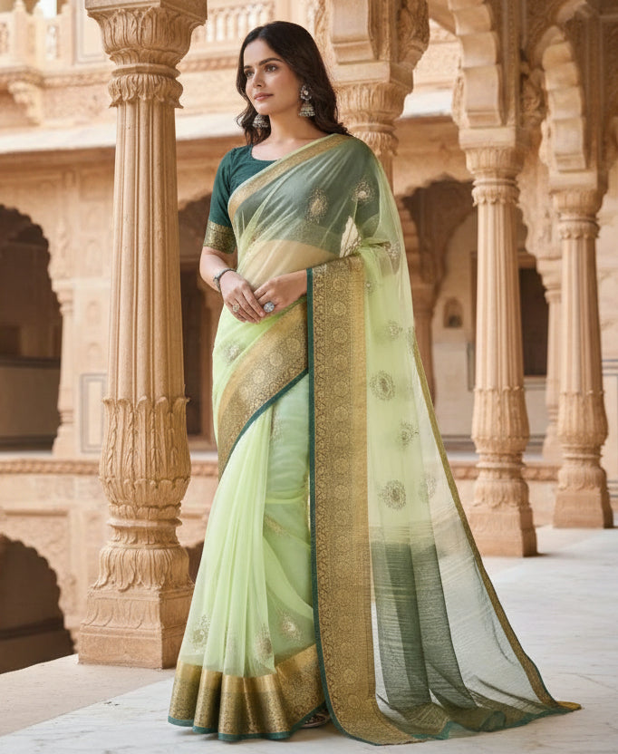 Organza jacquard Embellished Light Green Saree Kashvii