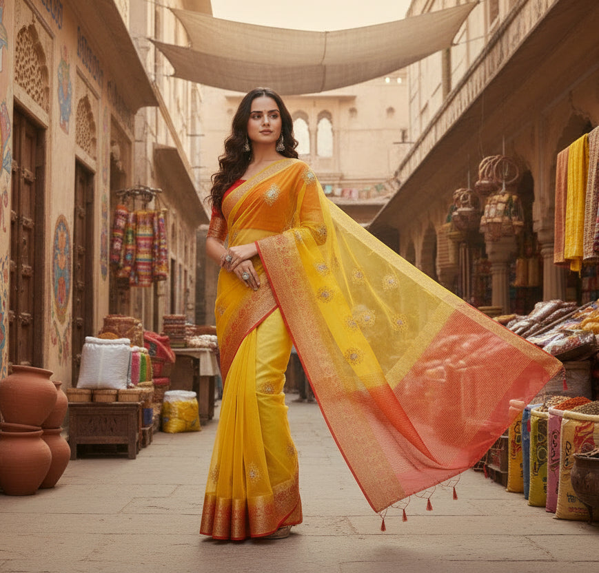 Organza jacquard Embellished Yellow Saree Kashvii