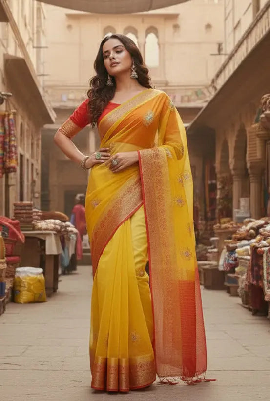 Organza jacquard Embellished Yellow Saree Kashvii
