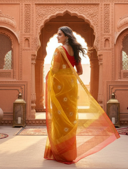 Organza jacquard Embellished Yellow Saree Kashvii