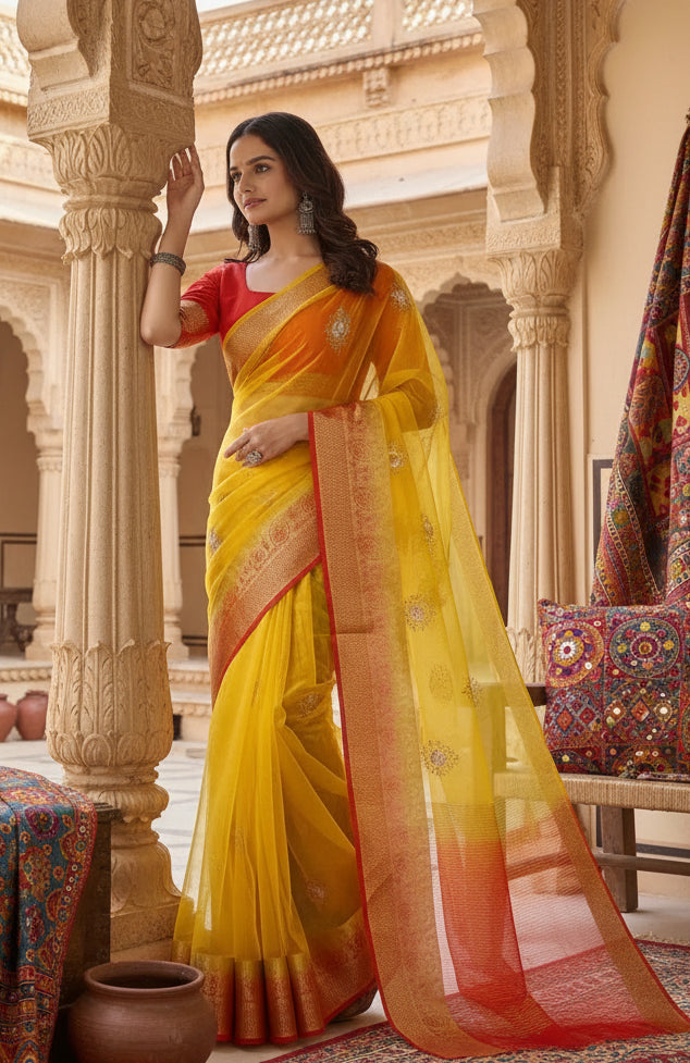 Organza jacquard Embellished Yellow Saree Kashvii