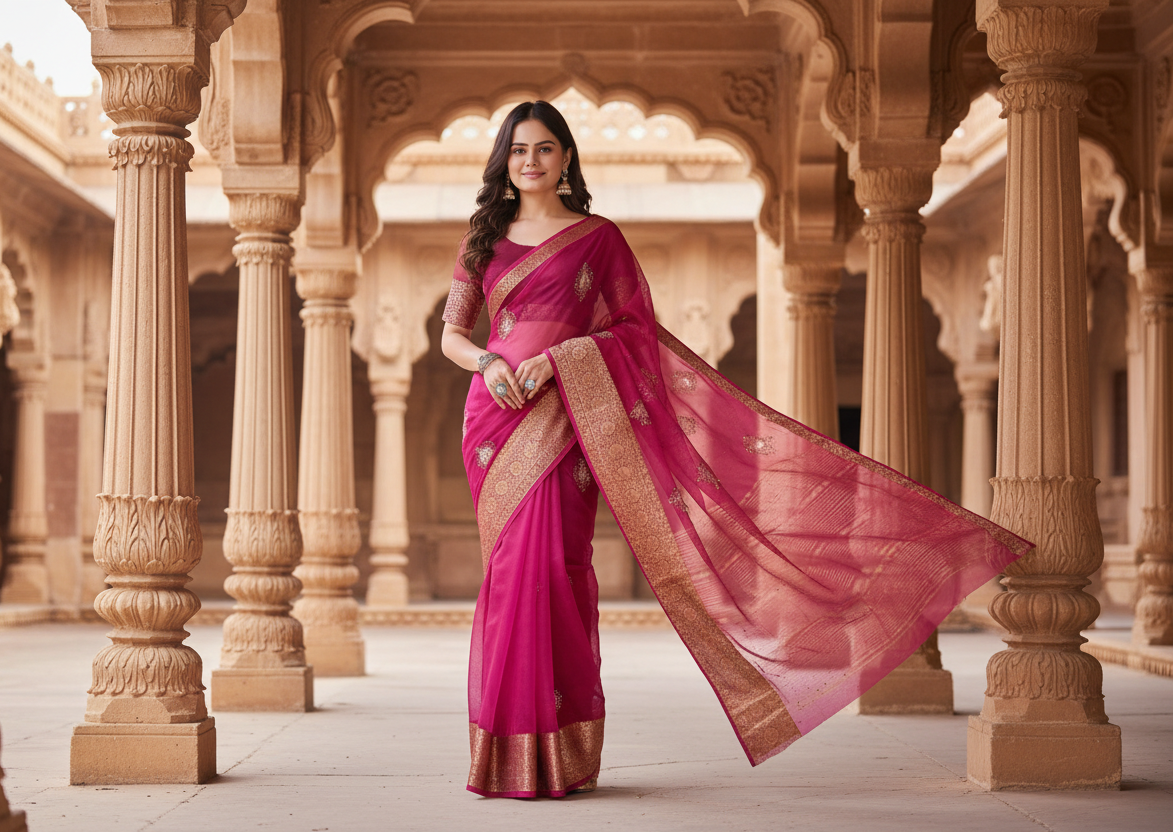 Organza jacquard embellished pink saree kashvii
