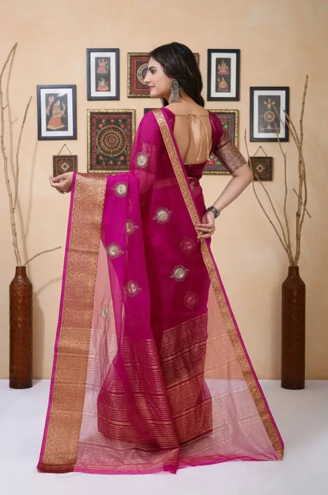 Organza jacquard Embellished Pink Saree Kashvii