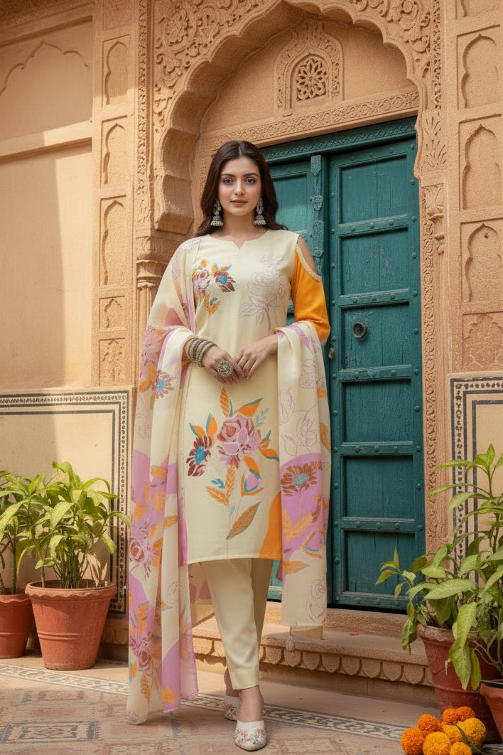 Cotton Blend Printed Cream Kurti Kashvii