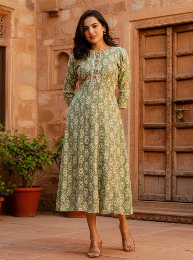 Rayon  Print With Embroidery Work A-Line Green Kurti Kashvii