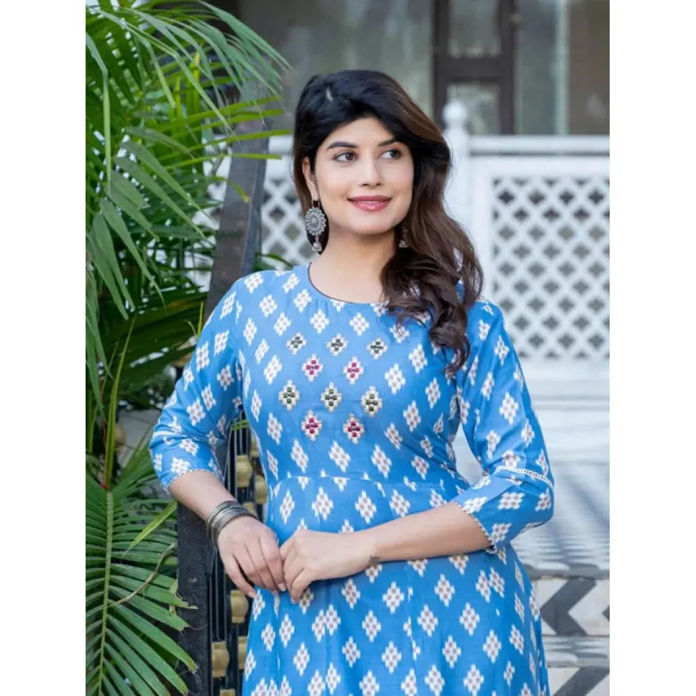 Rayon Print With Embroidery Work A-Line Sky Blue Kurti Kashvii