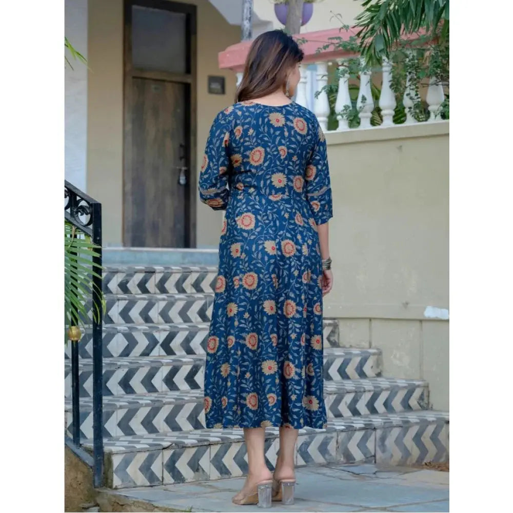 Rayon Print With Embroidery Work A-Line Navy Blue Kurti Kashvii