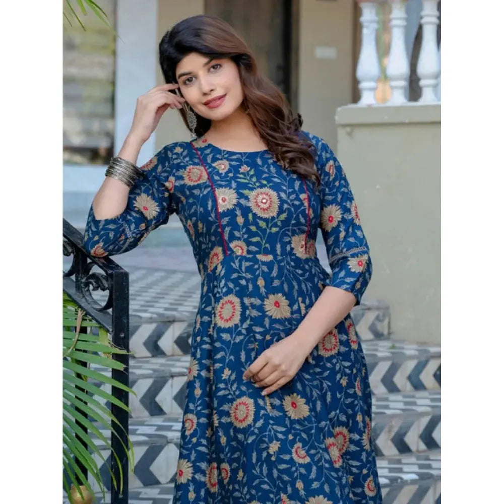 Rayon Print With Embroidery Work A-Line Navy Blue Kurti Kashvii