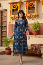 Load image into Gallery viewer, Rayon Print With Embroidery Work A-Line Navy Blue Kurti Kashvii

