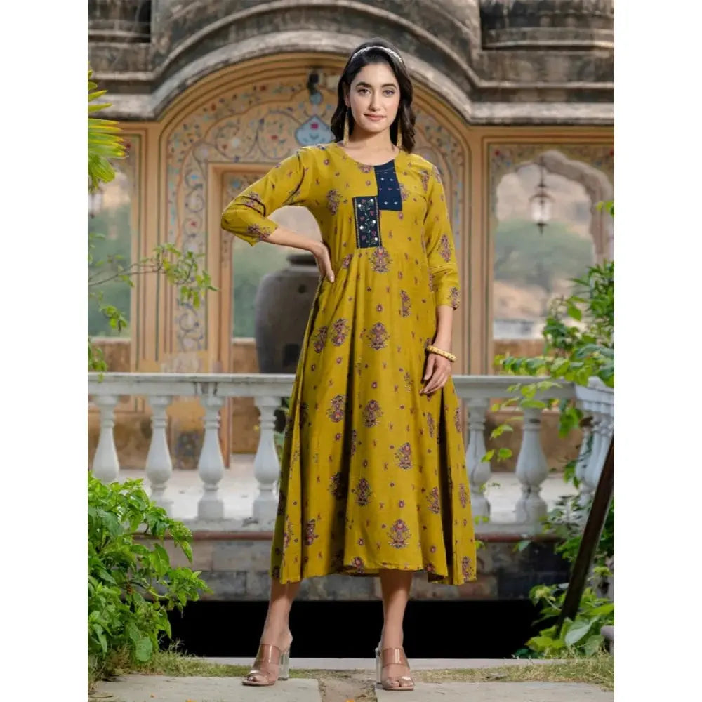 Rayon Print With Embroidery Work A-Line Mehendi Kurti Kashvii