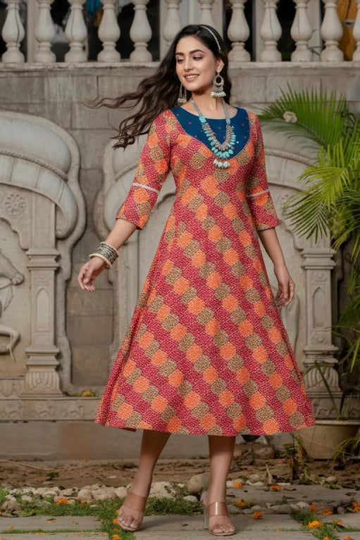 Rayon print with embroidery work a line multicolor kurti kashvii