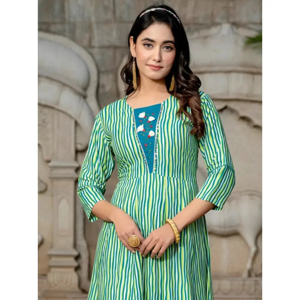 Rayon Print With Embroidery Work A-Line Rama Kurti Kashvii