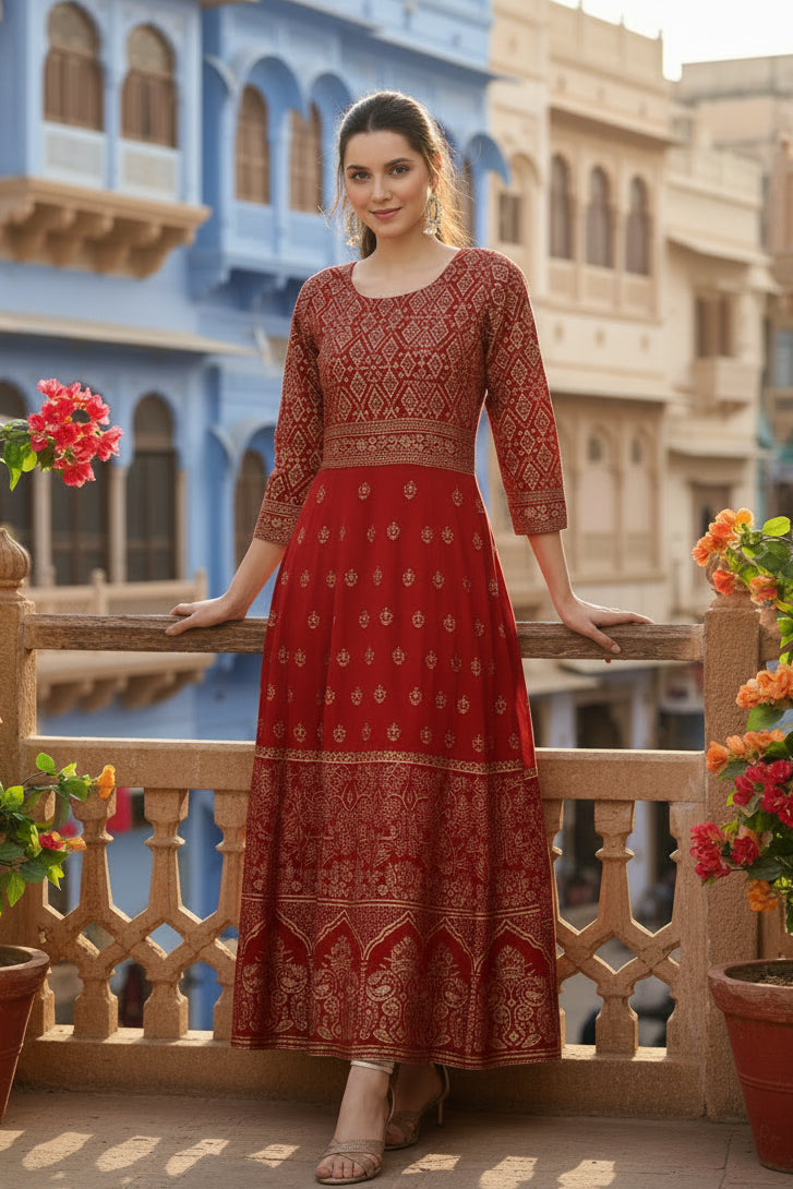 Casual rayon red anarkali kurti kashvii